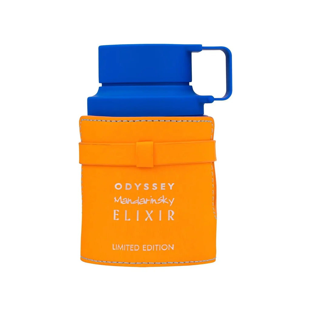 Orange leather-wrapped fragrance bottle with a blue cap against a plain white background