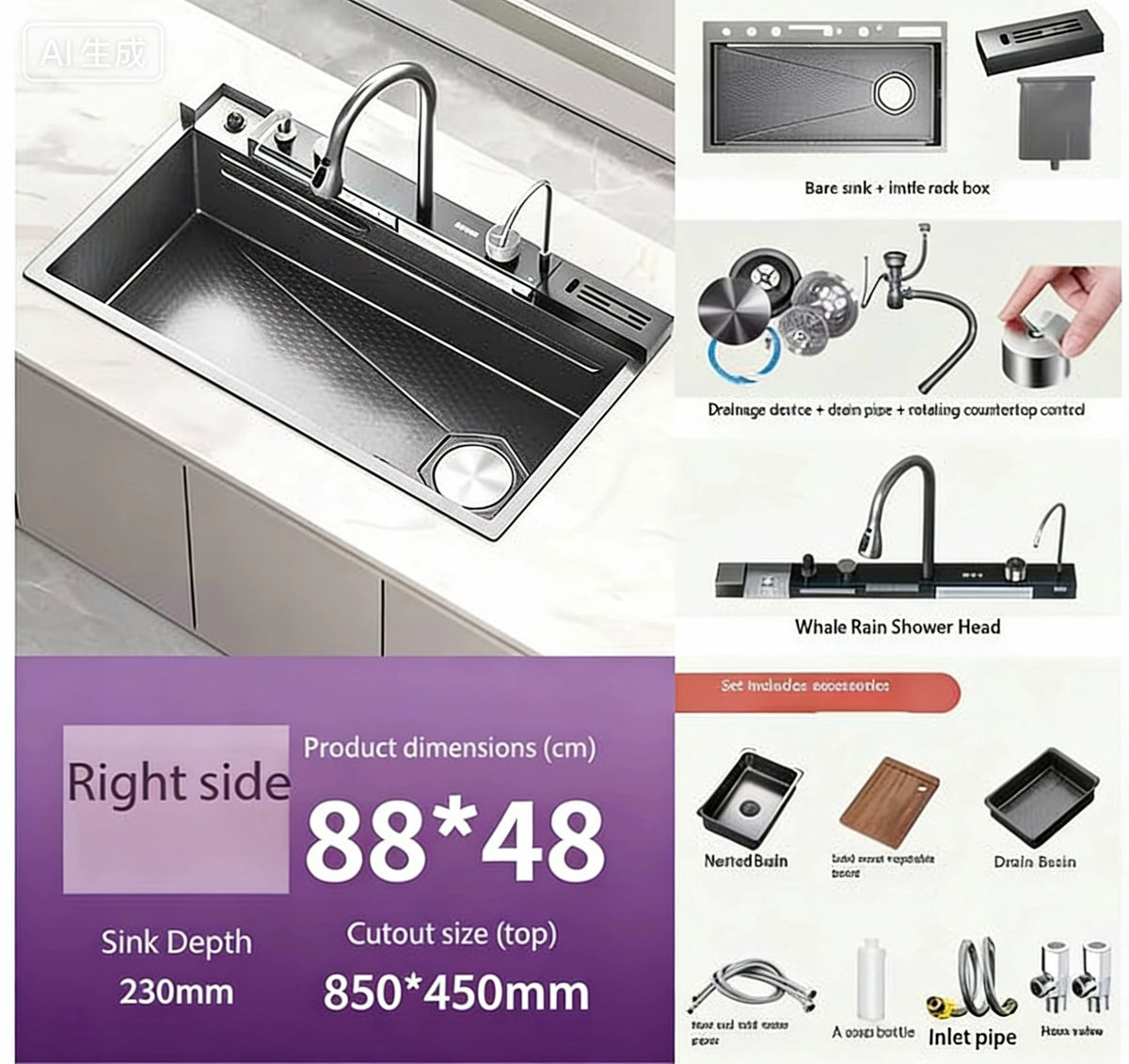 304 Stainless Steel Single Bowl Kitchen Sink with Digital Display and Faucet – 8848