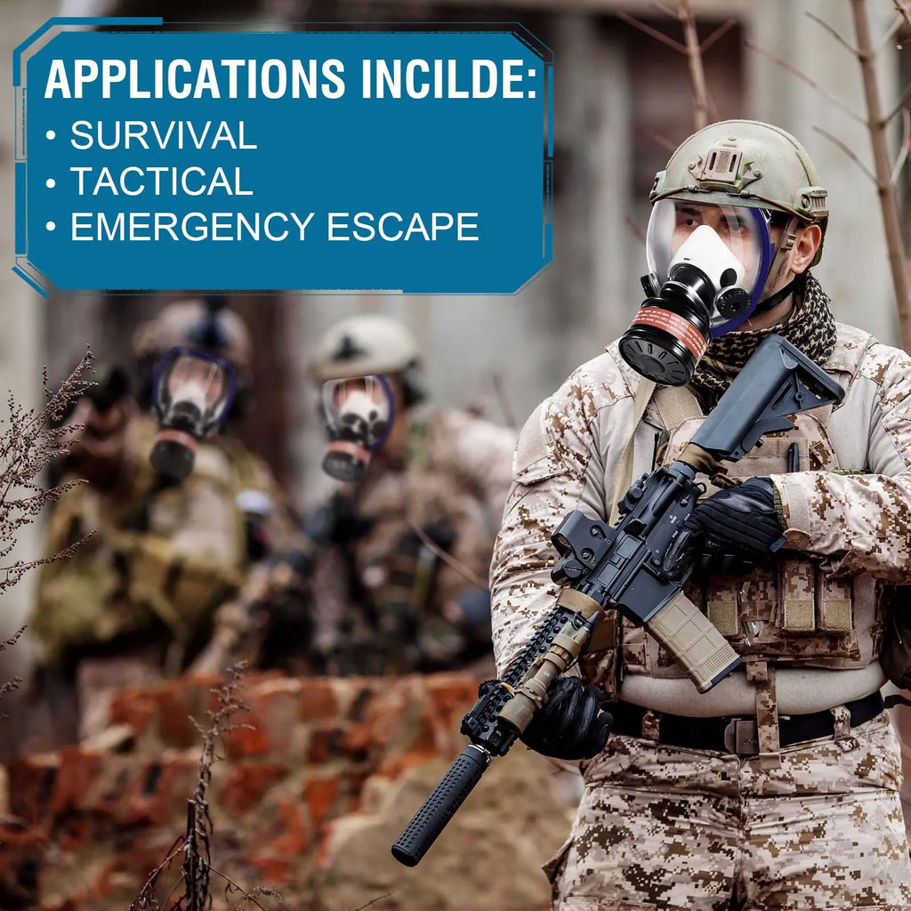 Person in military gear wearing a full face respirator mask