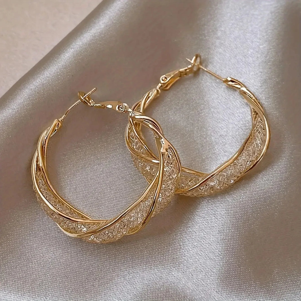 Shiny Mesh Hoop Earrings with Rhinestones, 3.9 x 3.6 cm – Golden 2