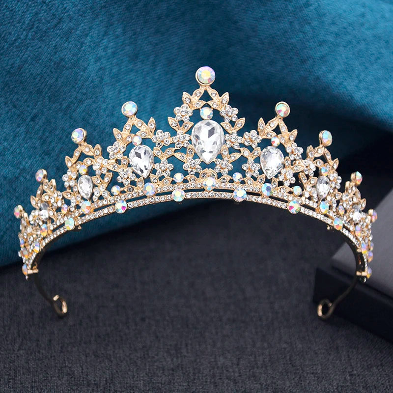 Princess Crown Bridal Tiara with Rhinestones, 13.5 cm Diameter – Gold AB