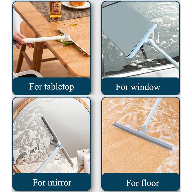 Demonstration of a squeegee being used to clean a table, window, mirror, and floor