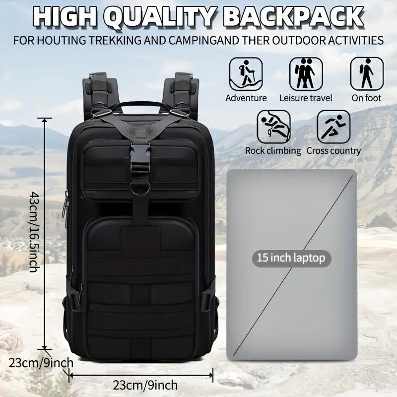 Black tactical hiking backpack dimensions and features