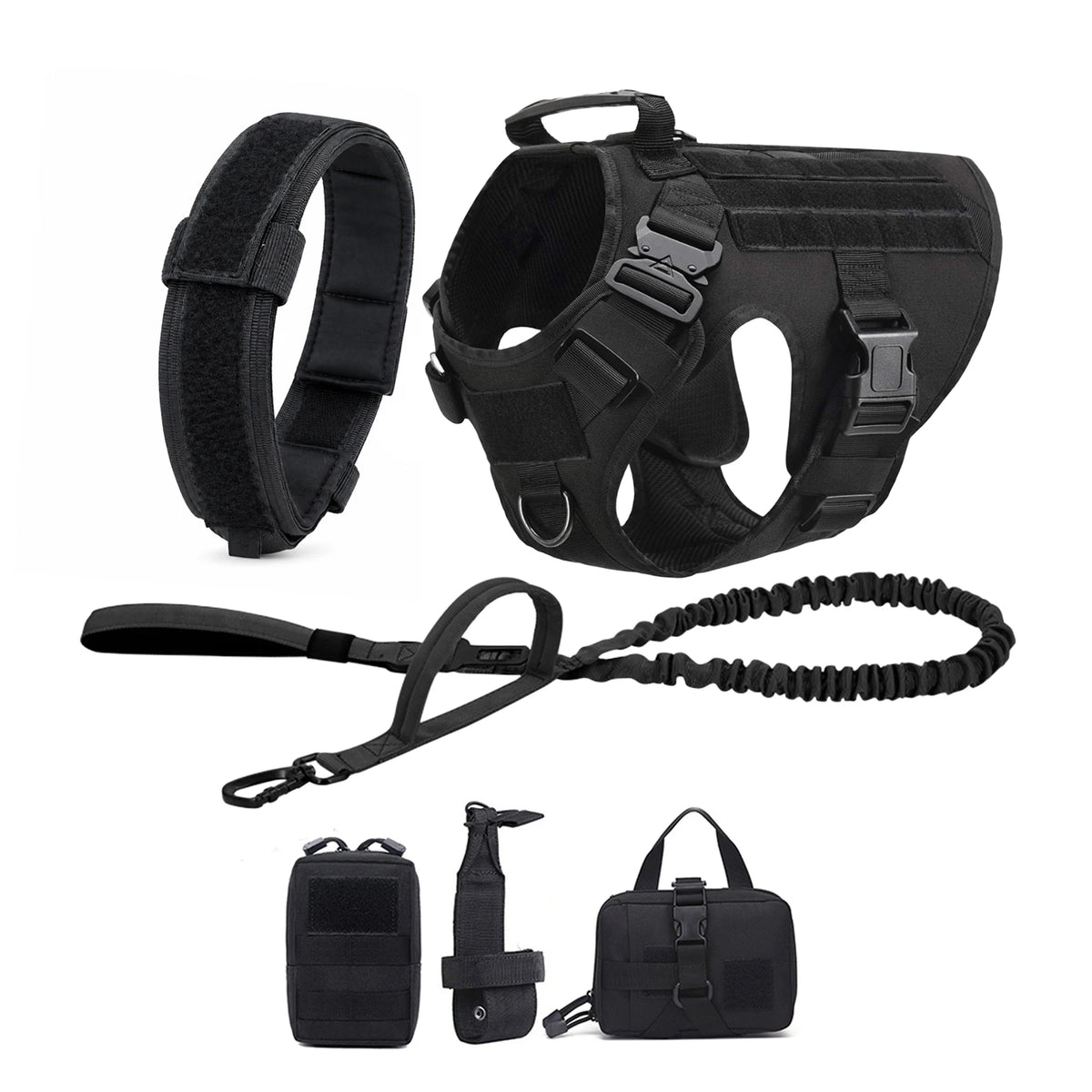 Tactical Dog Harness with Collar and Leash for Medium to Large Dogs – Black 6 Pieces