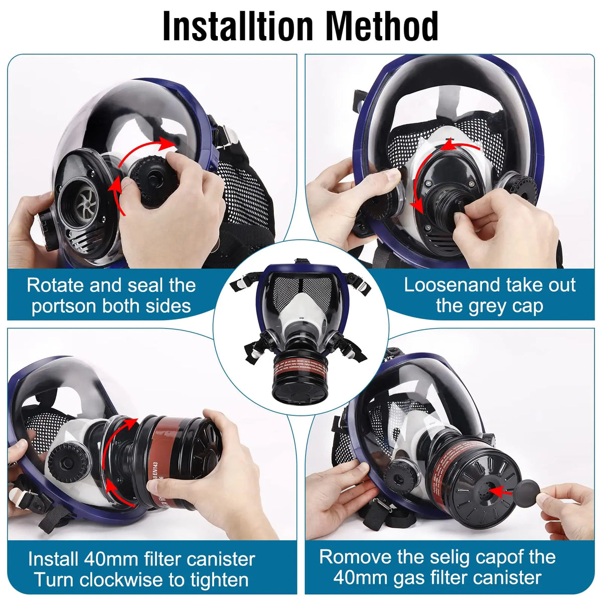 Instructional diagrams showing how to install and use a gas mask filter