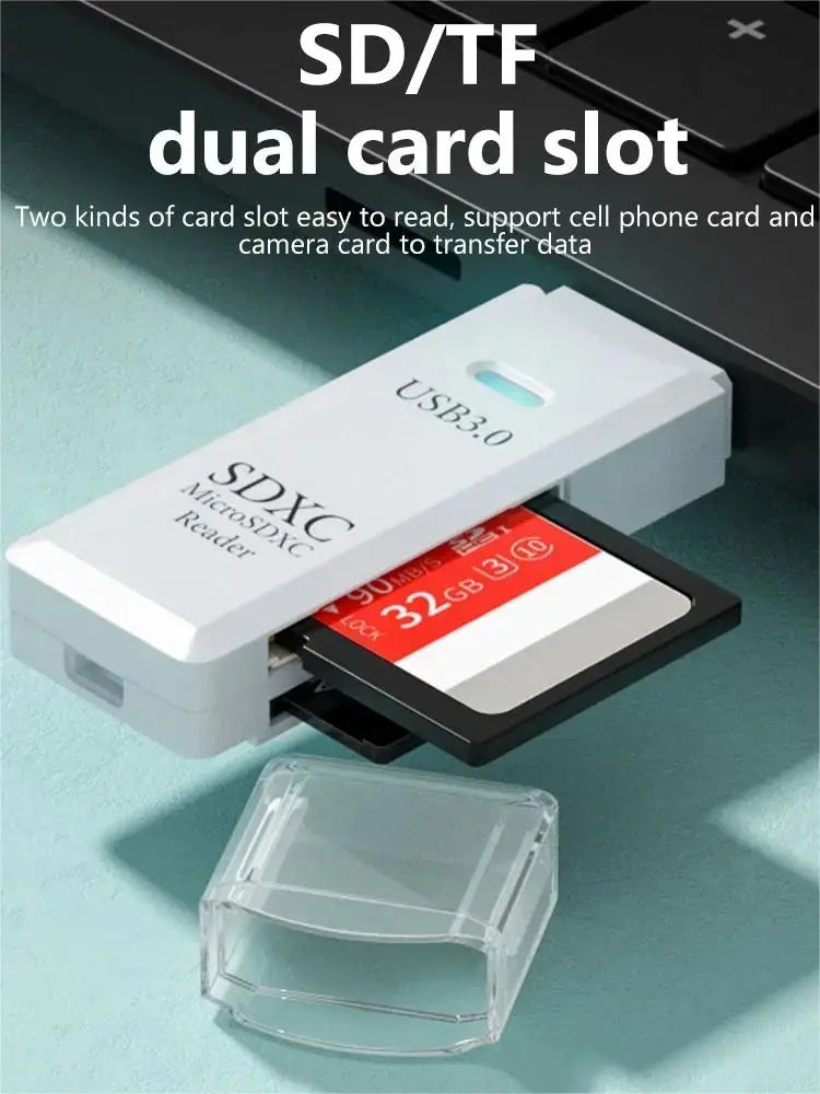 White USB 3.0 SD and TF memory card reader with protective cap