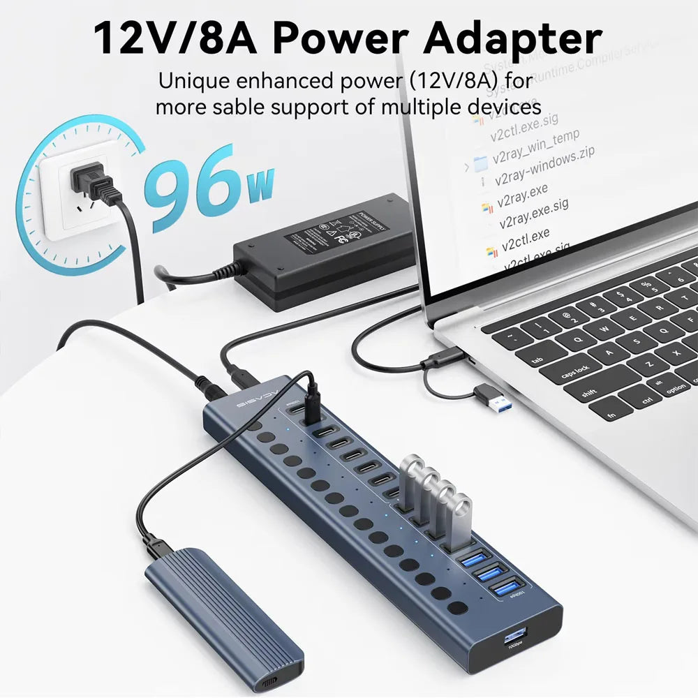 16-port USB hub connected to a laptop and powered by a 12V 8A adapter for multiple high-power devices.
