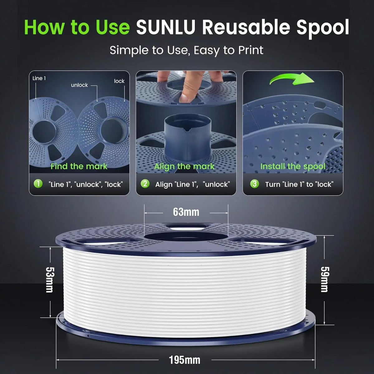 Infographic showing the dimensions and assembly steps for a reusable 3D printer filament spool.