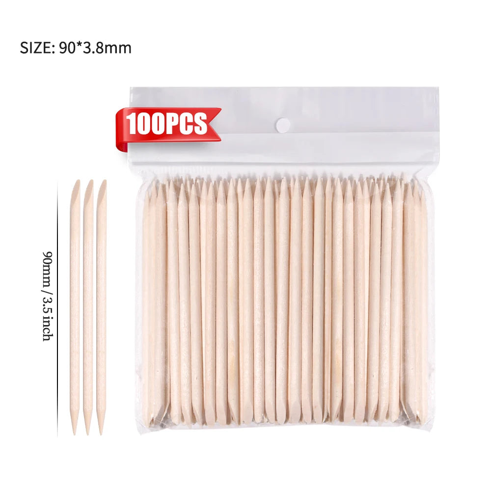 100-Piece Natural Orange Wood Nail Sticks, Double-Sided Cuticle Pushers – 90 mm