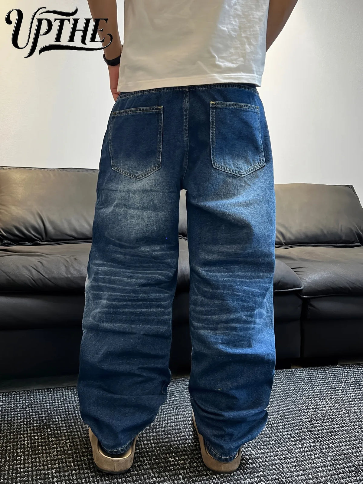 Back view of men's wide-leg loose denim jeans