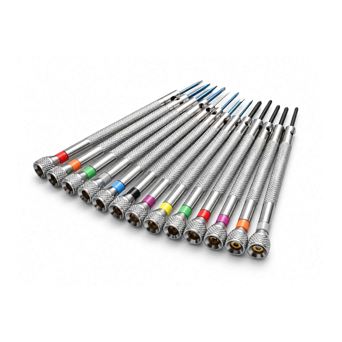A set of thirteen precision screwdrivers with color-coded handles, neatly arranged in a fan shape.