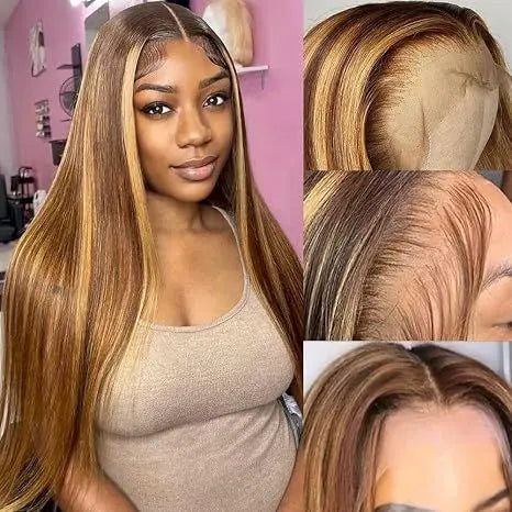 Models wearing straight honey blonde highlighted human hair lace front wig in different angles