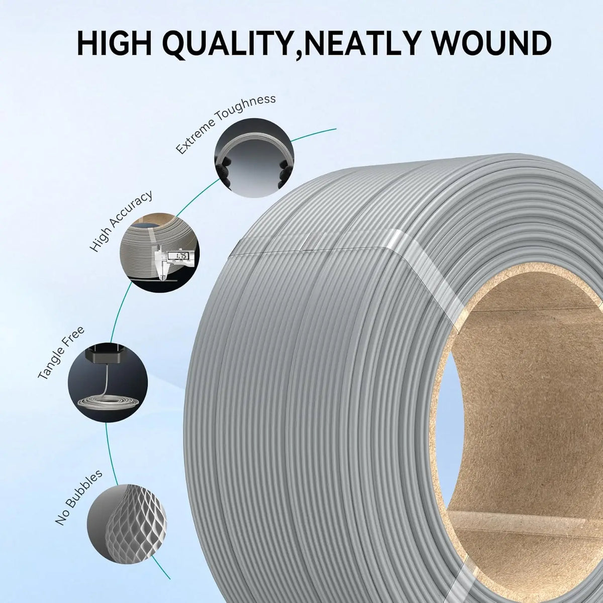 Close-up of gray PETG filament showing uniform texture, extreme toughness, and high printing accuracy
