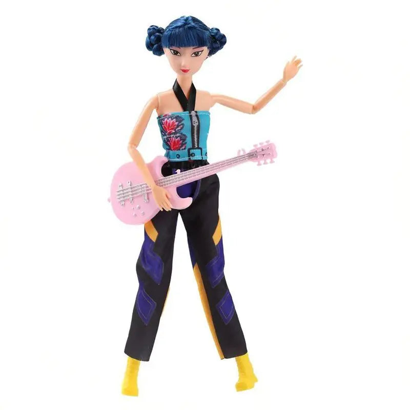 Singer doll with blue hair buns, blue top with floral print, black pants and pink electric guitar