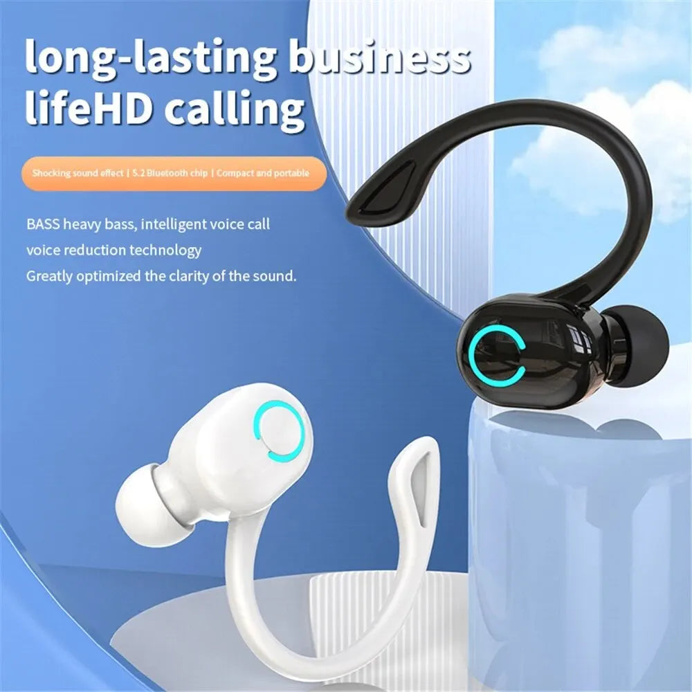 Black and white wireless Bluetooth headsets on a blue surface