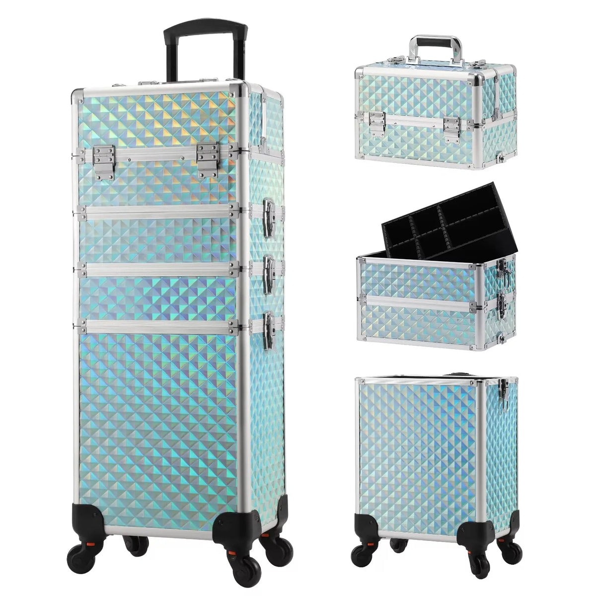 Maxulene Makeup Trolley Case with 4 Detachable Compartments and Spinner Wheels – River Blue