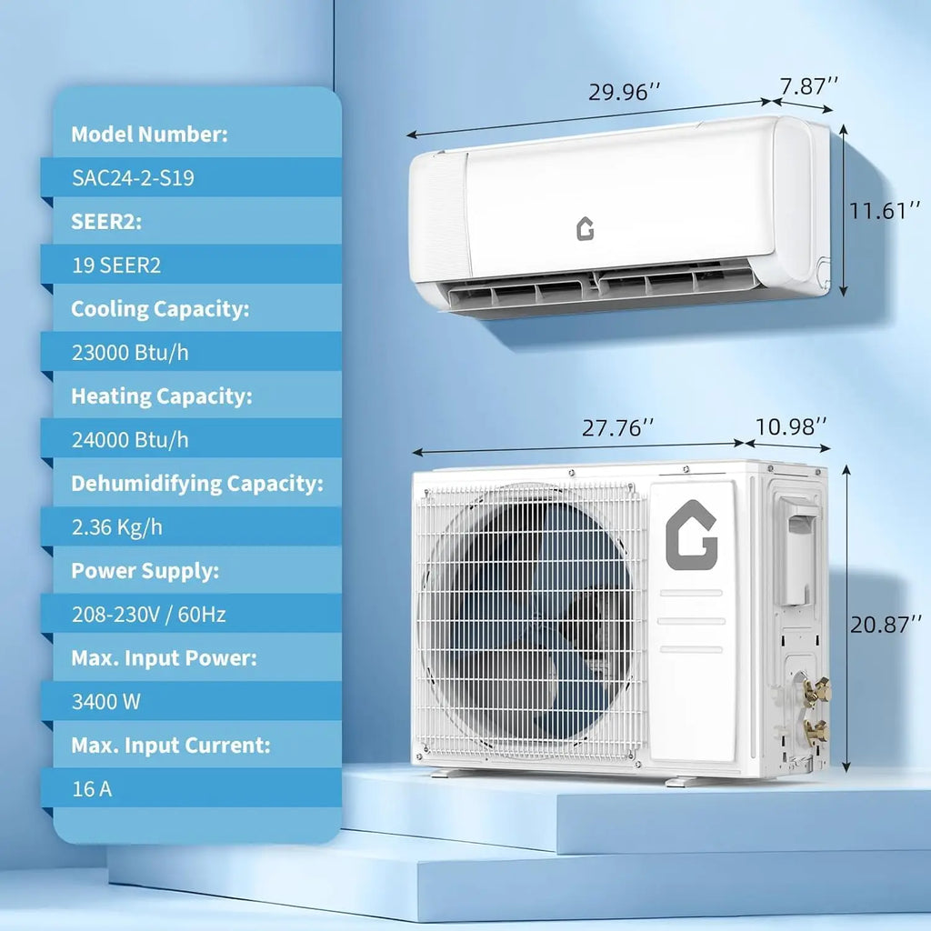 White wall-mounted air conditioner and outdoor compressor unit with technical specifications and dimensions