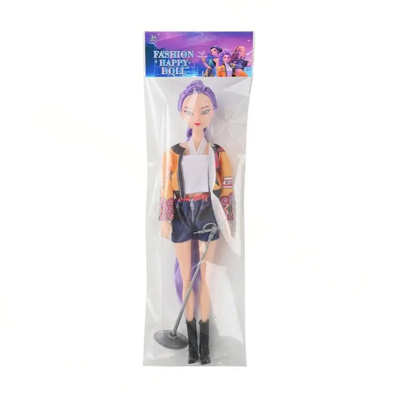 Singer doll with purple hair in clear packaging with branded header card