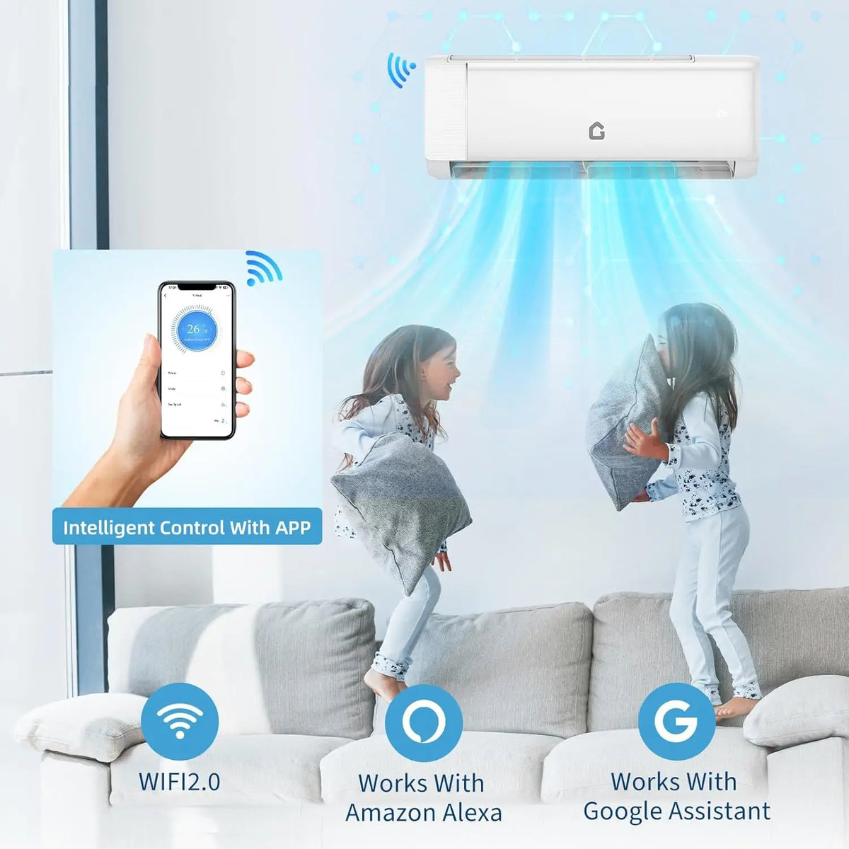 Smart wifi-enabled air conditioner controlled by smartphone with children playing in the living room