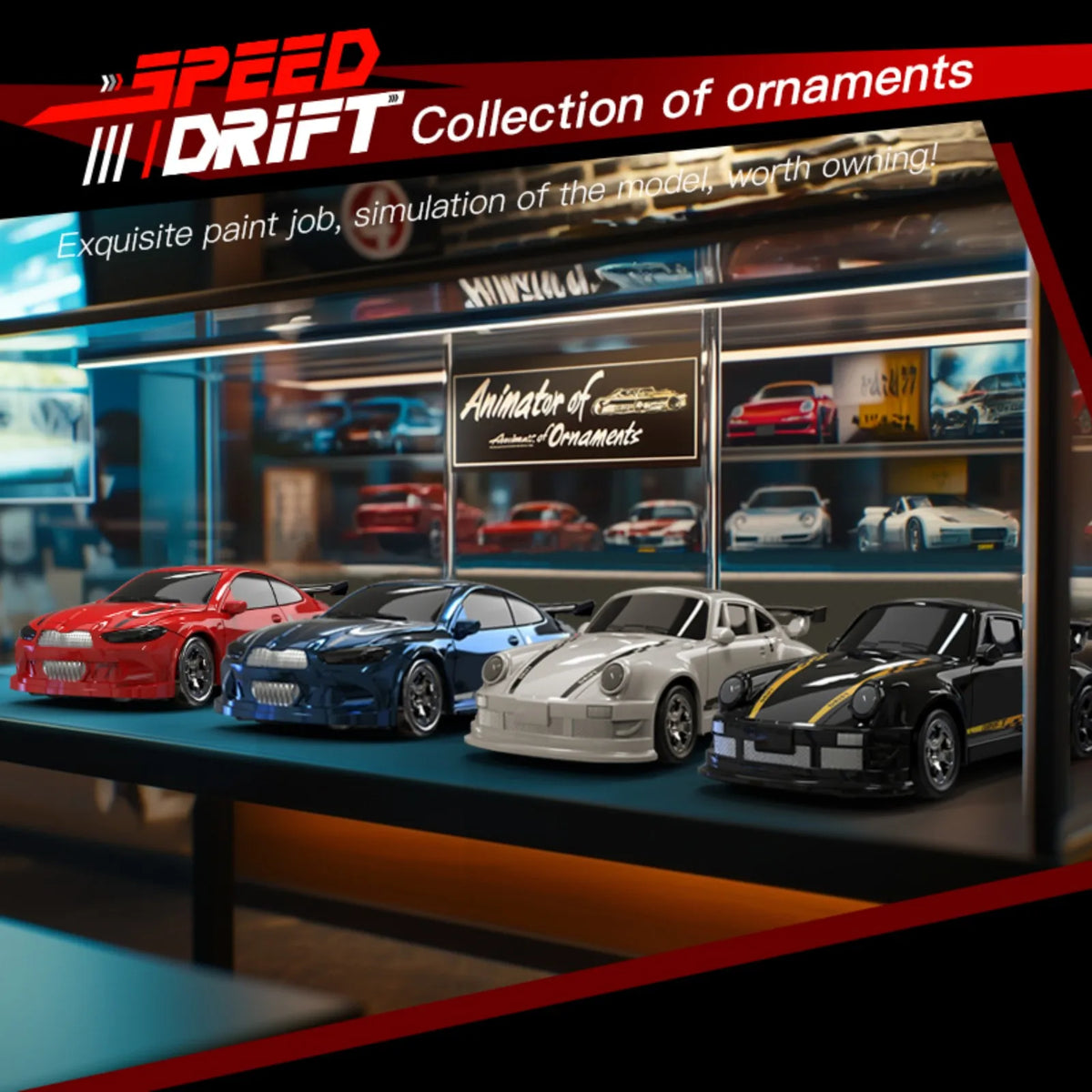 A display case containing various small model racing cars.