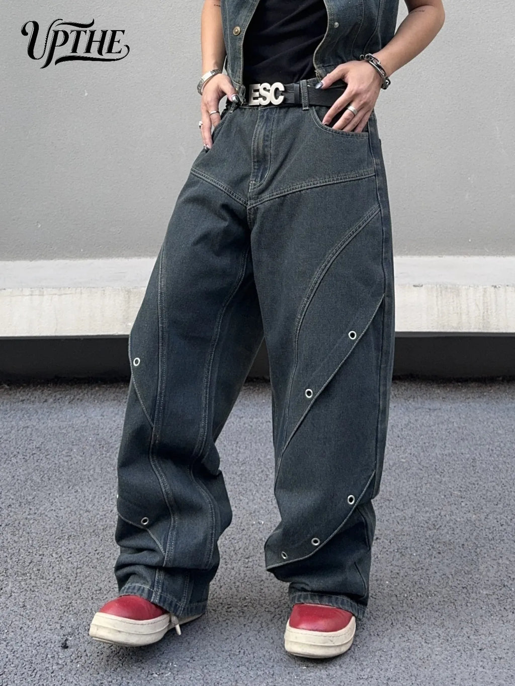 Dark grey baggy wide leg denim jeans with side eyelet detailing