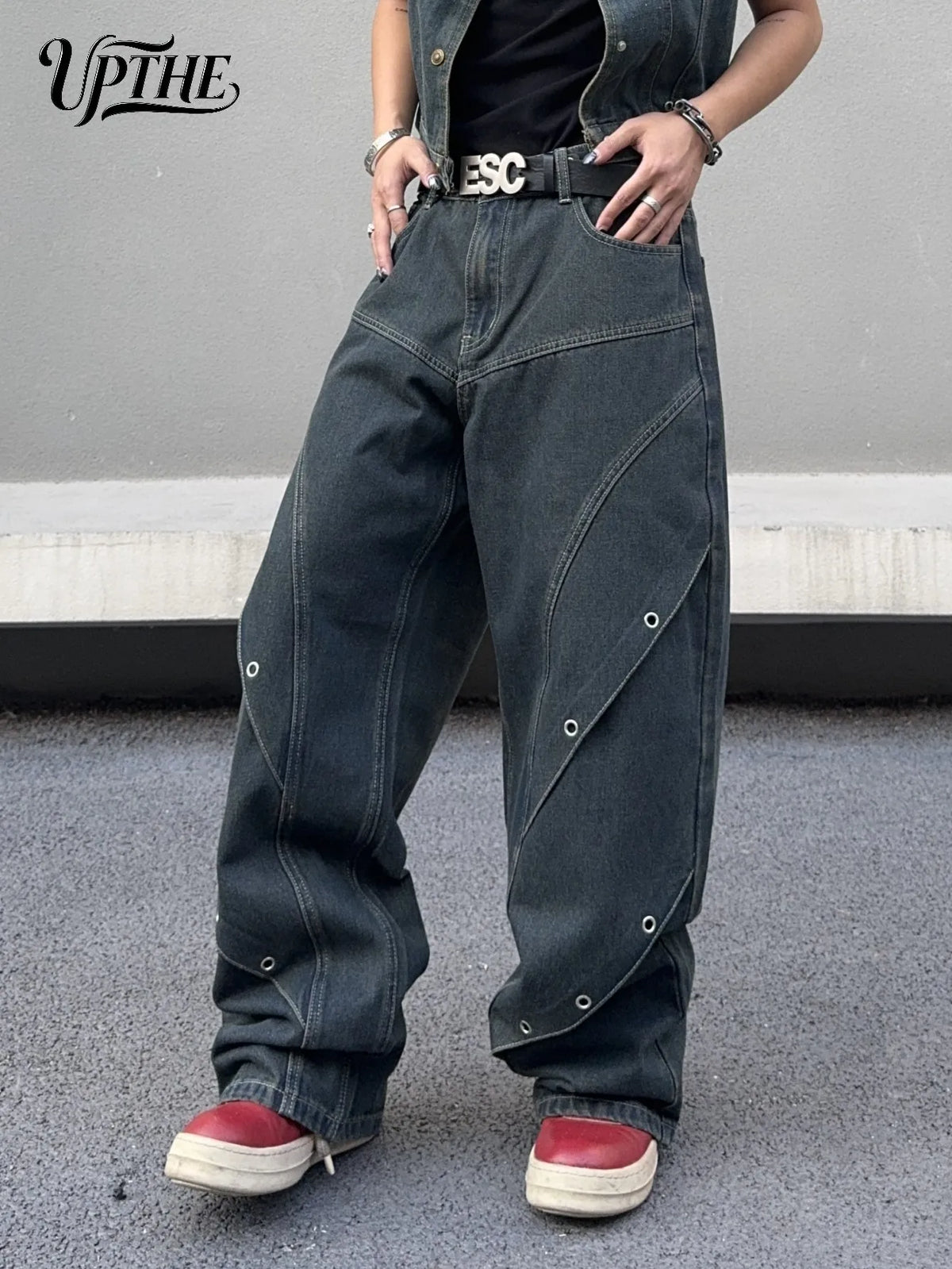 Dark grey baggy wide leg denim jeans with side eyelet detailing