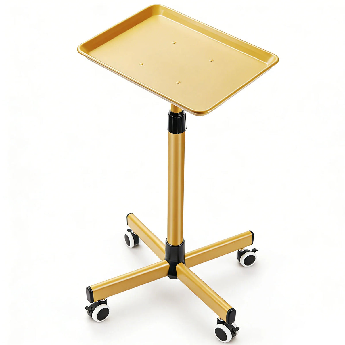 A heavy-duty metal salon trolley with a large rectangular aluminum tray and a five-star base with rolling wheels.