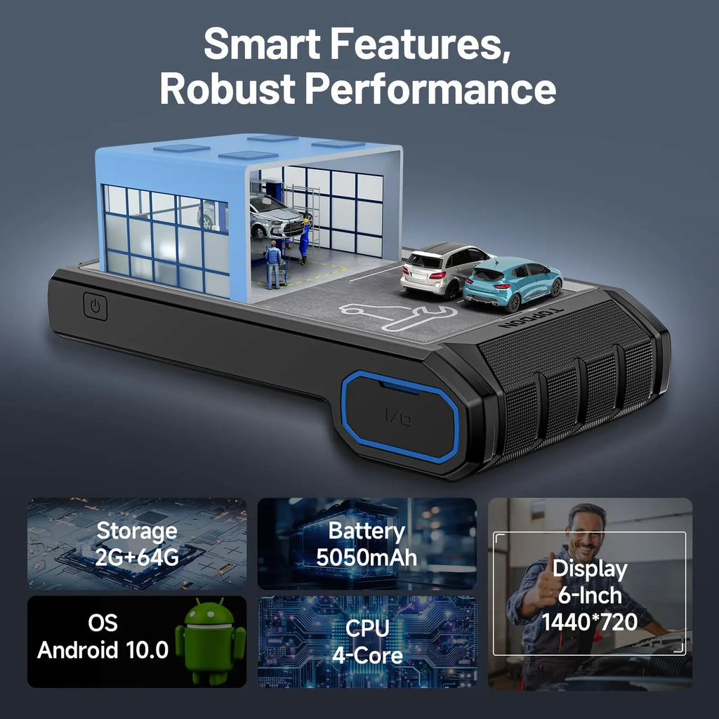 Car diagnostic tablet hardware specifications including display resolution, battery, and storage capacity.