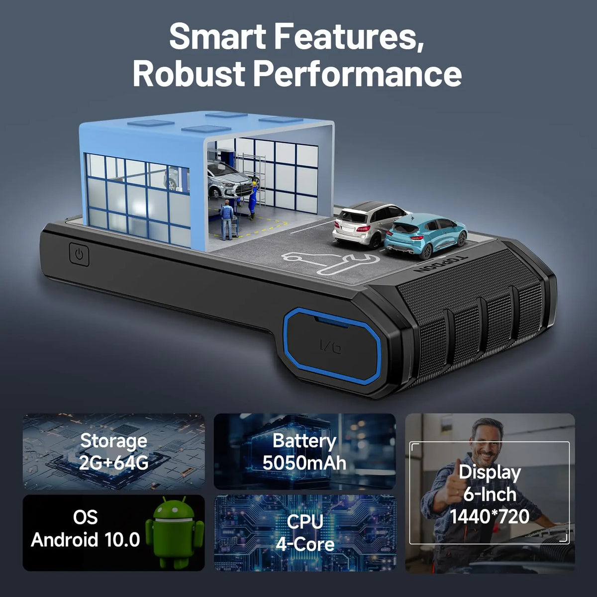 Car diagnostic tablet hardware specifications including display resolution, battery, and storage capacity.
