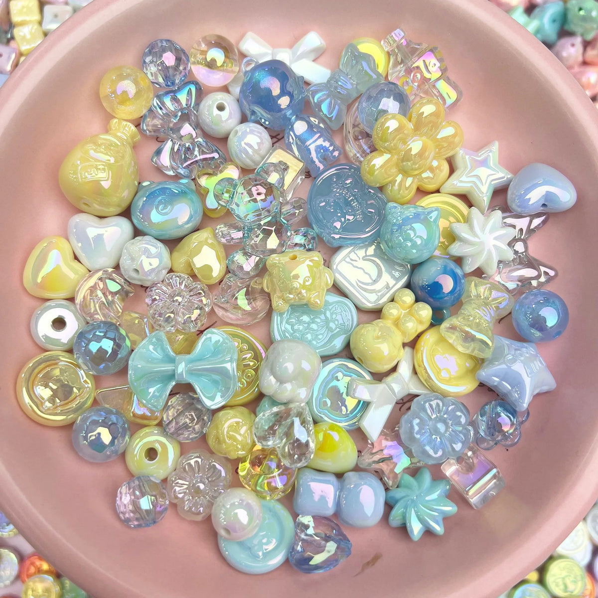 20g Y2K Acrylic Mixed Bowknot, Flower, and Heart Beads for DIY Jewelry – Blue Yellow