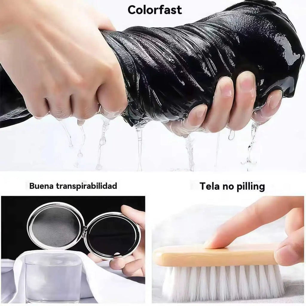 A hand squeezing a wet fabric piece, demonstrating colorfastness and anti-pilling properties.