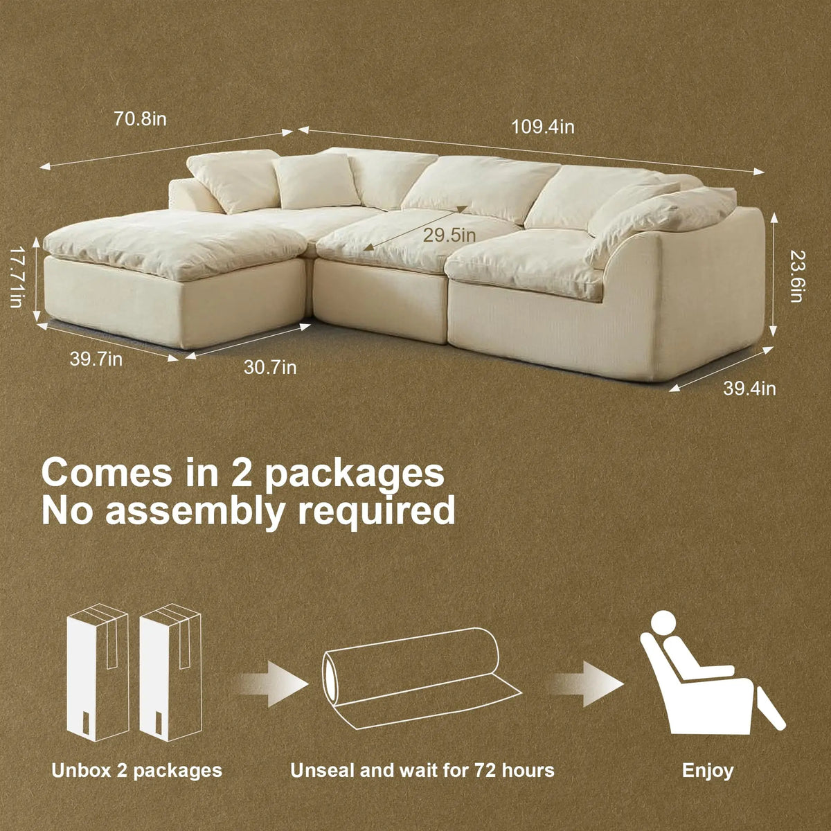 Modular cream colored sofa dimensions and setup instructions.