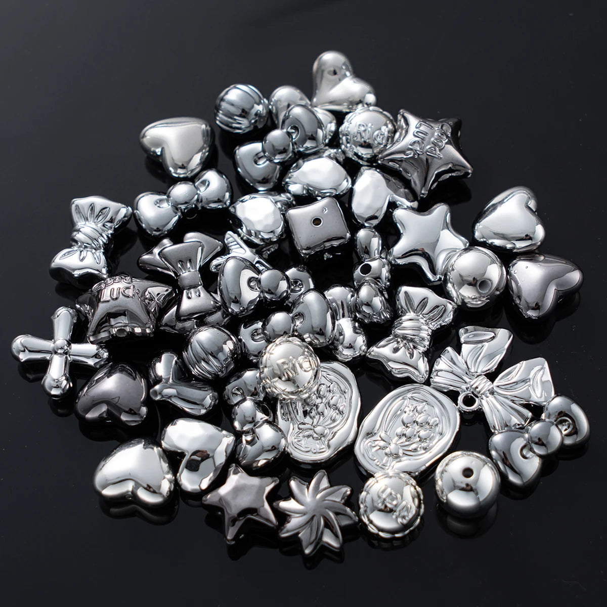 20g Y2K Acrylic Mixed Bowknot, Flower, and Heart Beads for DIY Jewelry – Gun Black Silver