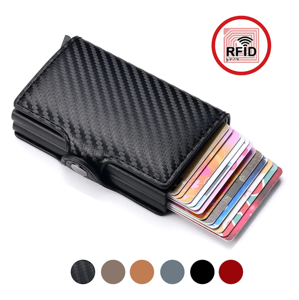 Carbon fiber slim RFID-blocking wallet showing card holder slots and color variants.