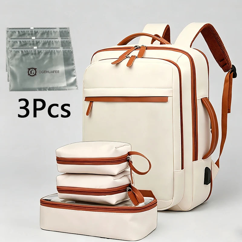 Oghuafee Expandable Computer Backpack, 20-35L Unisex Nylon Commuter Bag – White 7-Piece Set