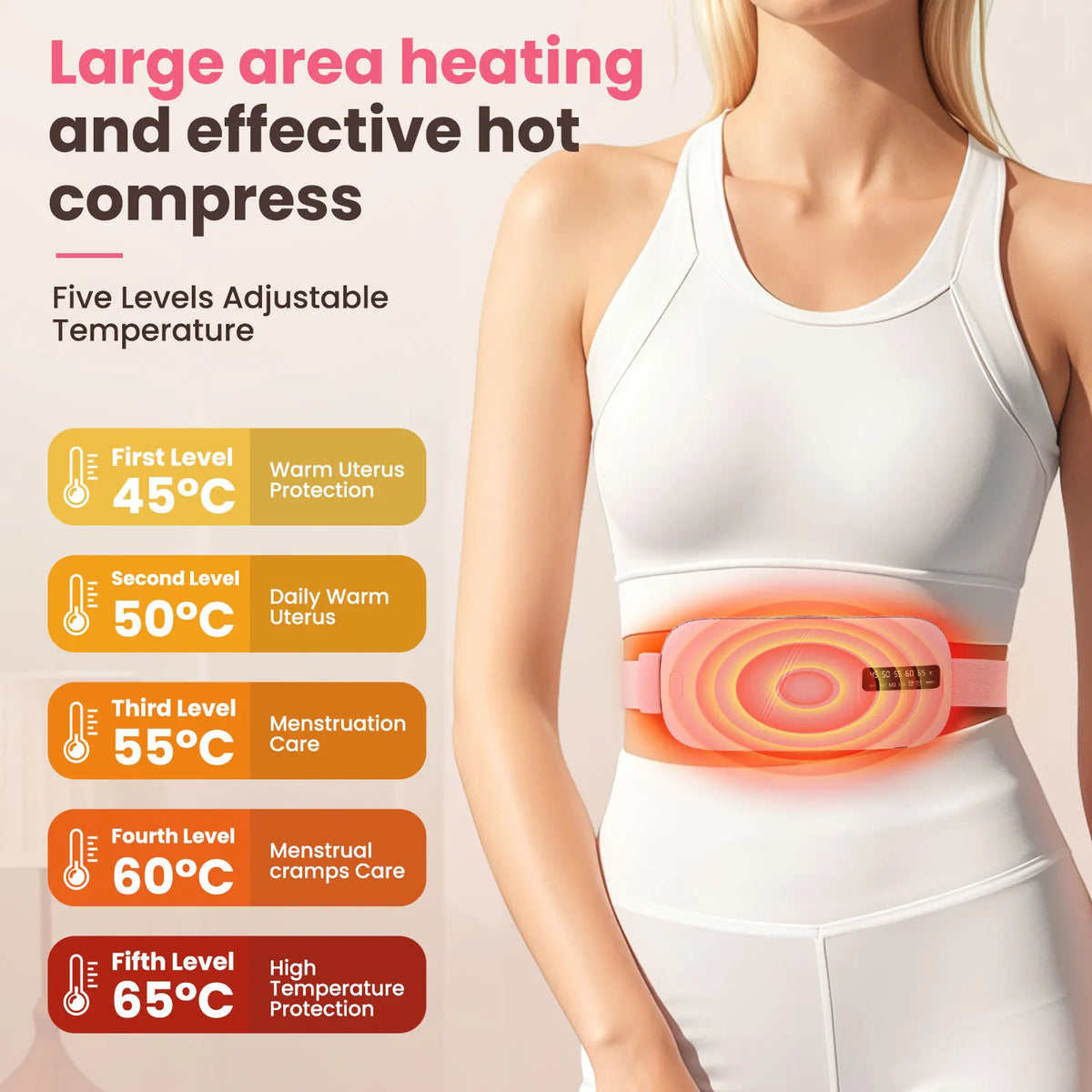 Pink electric heating belt for menstrual pain relief with five adjustable temperature levels