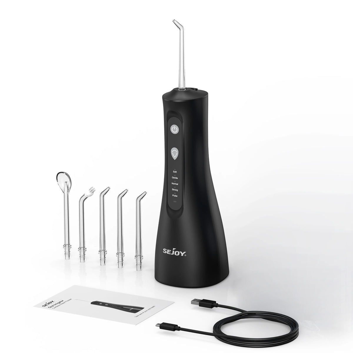 Sejoy Portable Electric Water Flosser, 350ml Tank, 5 Modes, 6 Tips – Black