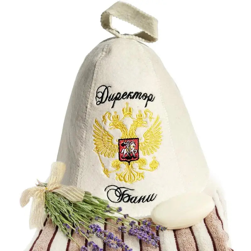 White felt sauna hat with Russian coat of arms embroidery, lavender, and soap.