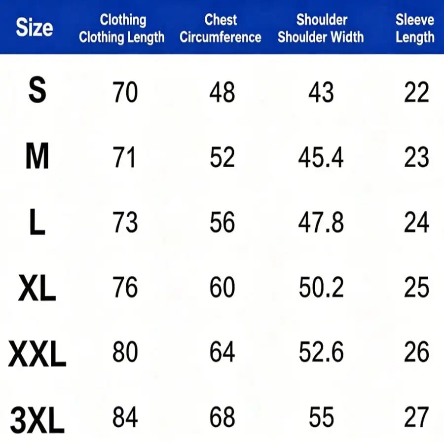 Size chart table with dimensions for sizes small to 3XL