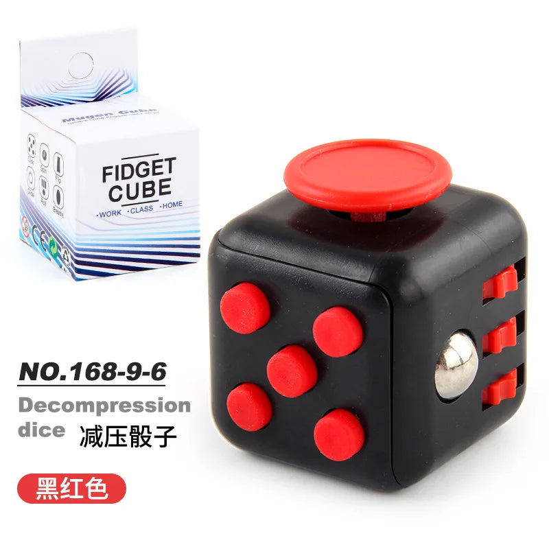 A black and red fidget cube and its packaging box.