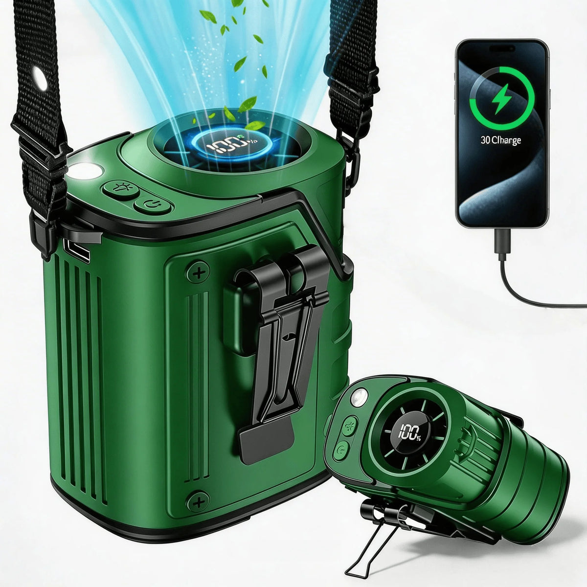 5000mAh Portable Waist Fan with LED Flashlight and 4 Speed Settings – Army Green
