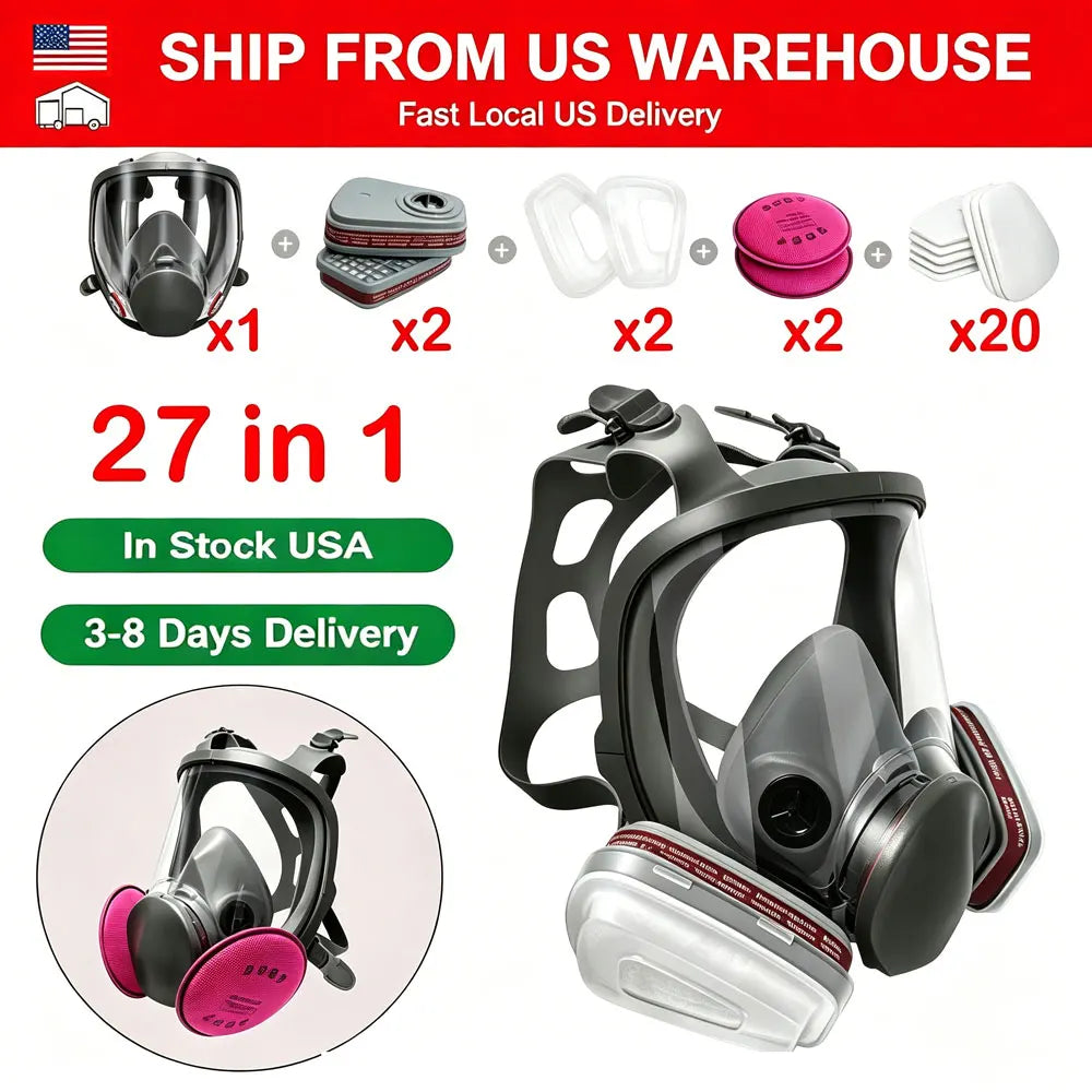 Full face respirator mask with various filters and accessories for painting and woodworking