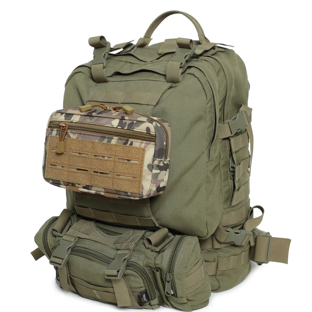 A tactical camouflage pouch attached to a green military-style backpack.
