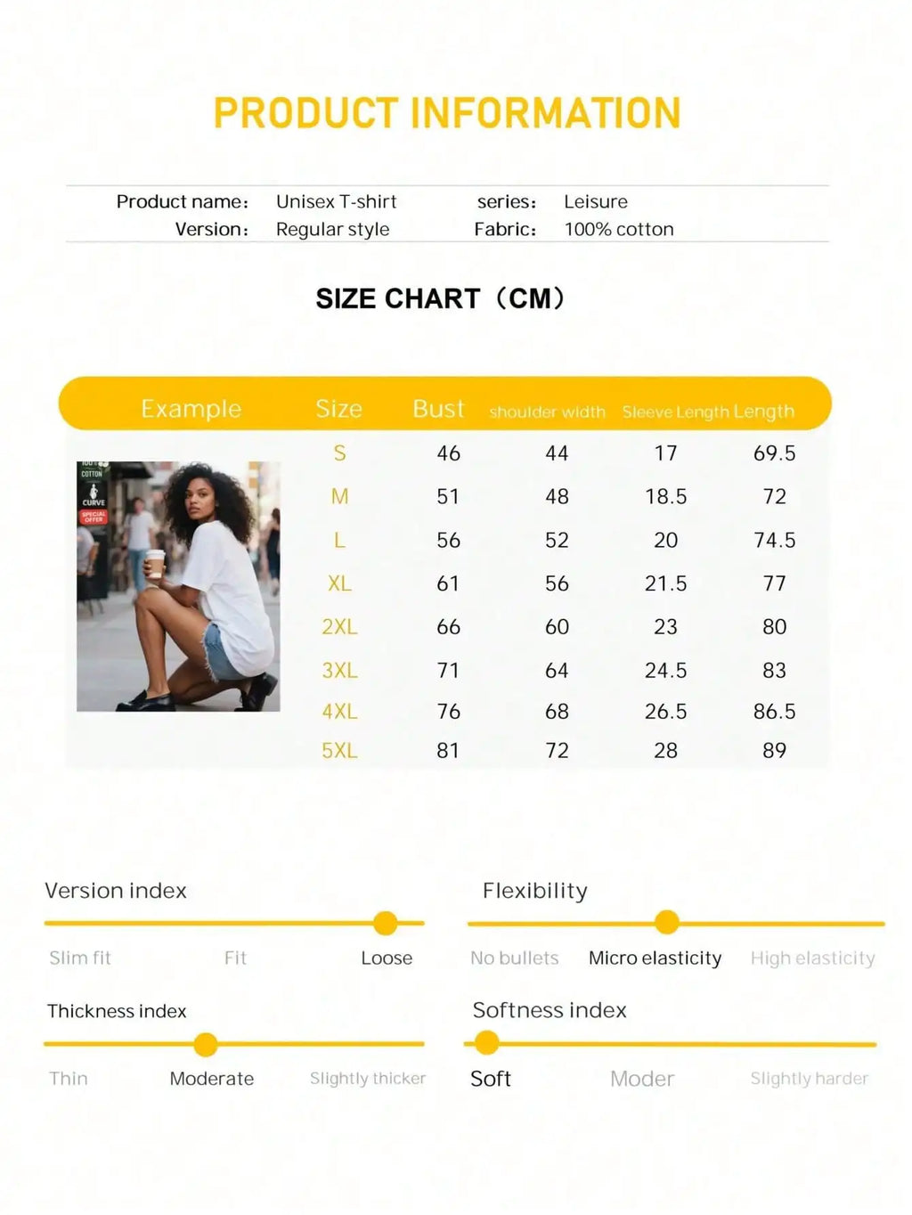 Size chart with measurements for a unisex t-shirt