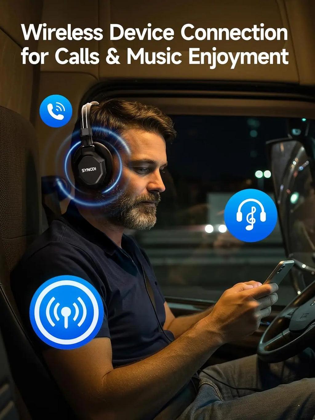 Man wearing a wireless intercom headset while using his smartphone in a truck cabin