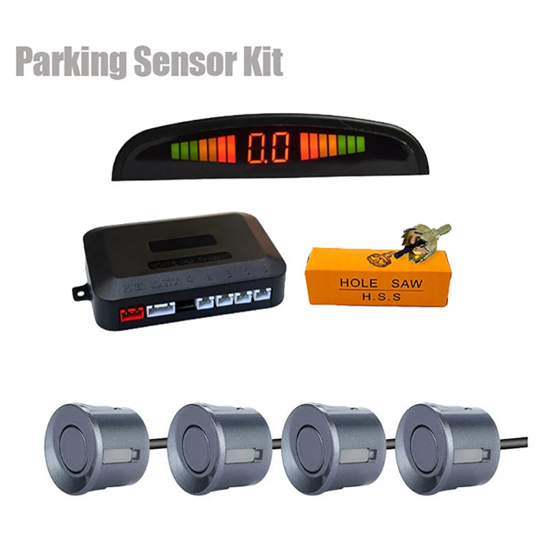 Car LED Parking Sensor Kit with 4 Ultrasonic Sensors and Digital Display – Grey
