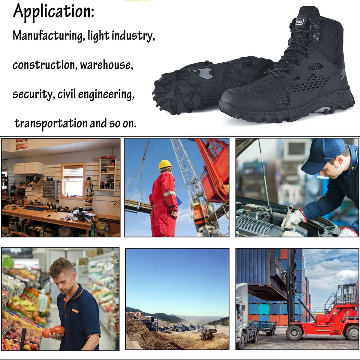 List of industrial applications and various construction and warehouse work scenes