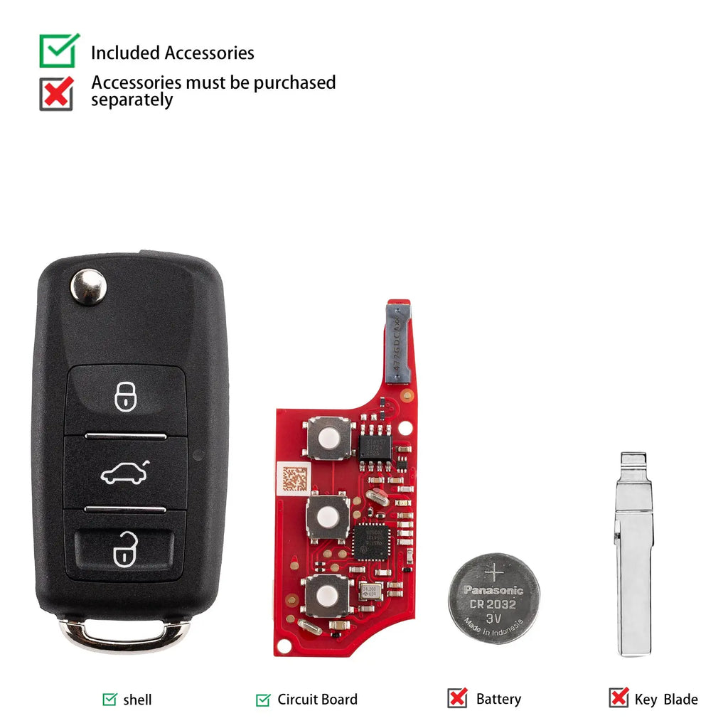 Car remote key components including shell, circuit board, battery, and key blade with included and excluded items list