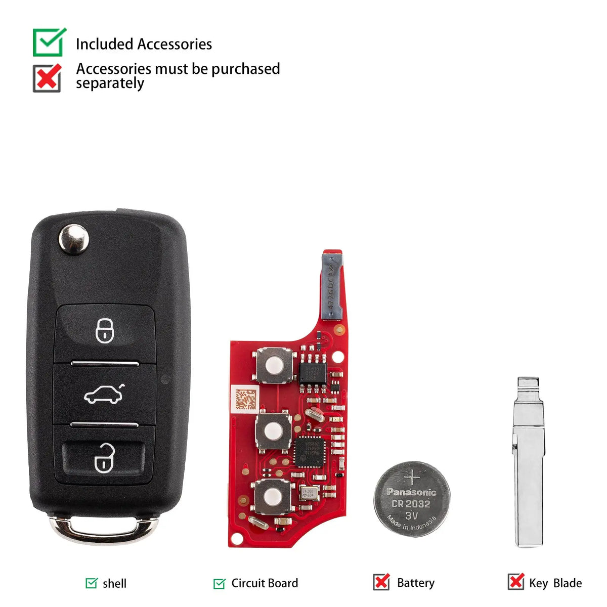 Car remote key components including shell, circuit board, battery, and key blade with included and excluded items list