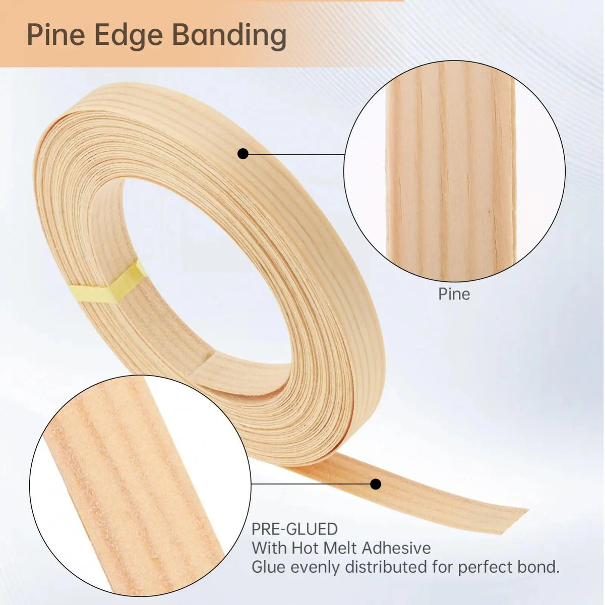Roll of pine wood veneer edge banding with descriptive text and close-up details